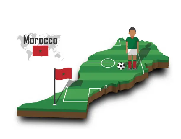 Vector illustration of Morocco national soccer team . Football player and flag on 3d design country map