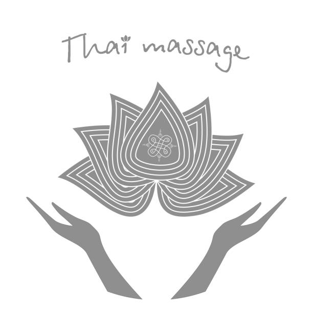 logo-thai-massage. stilisierte lotusblüte und hände. authentische thai-massage.  aktie vector. flaches design. - massage stamps stock-grafiken, -clipart, -cartoons und -symbole