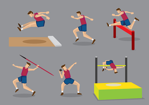 Vector illustration athlete doing different track and field sports, long jump, running, hurdles, javelin throw, shot put and high jump, isolated on grey background.