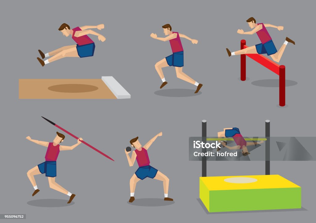 Track and Field Sports Vector Illustration Vector illustration athlete doing different track and field sports, long jump, running, hurdles, javelin throw, shot put and high jump, isolated on grey background. High Jump stock vector