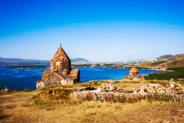 Monastery Sevanavank on Lake Sevan, Armenia stock photo