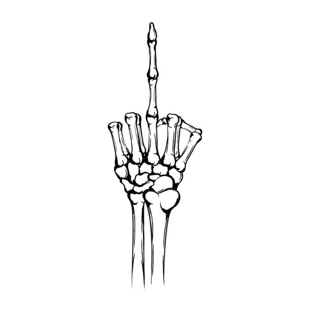 рука скелета с поднятым средним пальцем. грубый жест, ебать тебя, символ. рука нарисована человеческой рукой с костями, изолированными на бе - fuck you stock illustrations