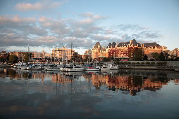 A view of the Victoria harbor at sunset stock photo