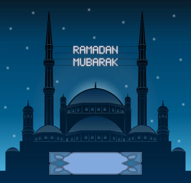 ramadan mubarak mahya lichter über eine moschee-silhouette - egypt islam cairo mosque stock-grafiken, -clipart, -cartoons und -symbole