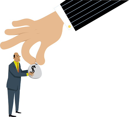 Upset businessman giving a bag of taxes money to a government hand or to racketeer, EPS 8 vector illustration