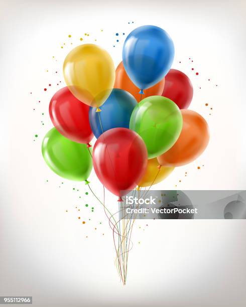 Vector Realistic Bunch Of Flying Glossy Balloons - Arte vetorial de stock e mais imagens de Balão - Enfeite - Balão - Enfeite, Aniversário, Vetor