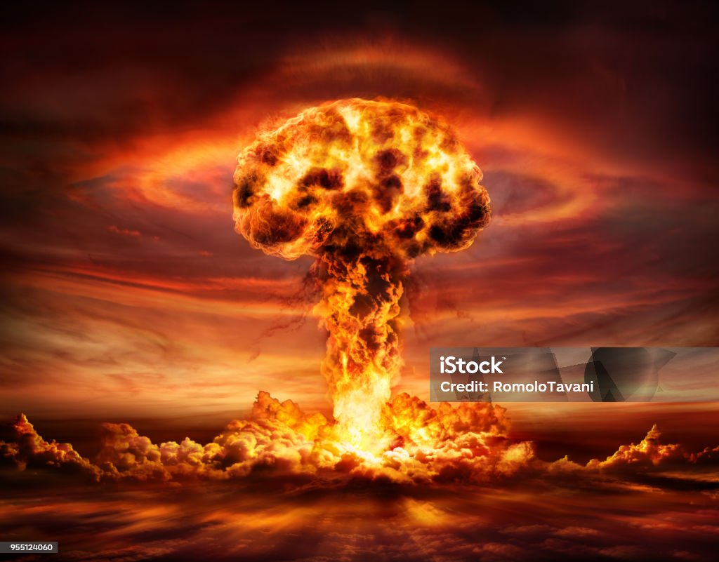 Nuclear Bomb Explosion - Mushroom Cloud Nuclear Explosion With Orange Mushroom Cloud Mushroom Cloud Stock Photo