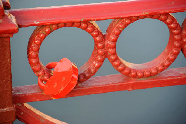 red lock on the grid of the red bridge - concept of loyalty, devotion and February 14