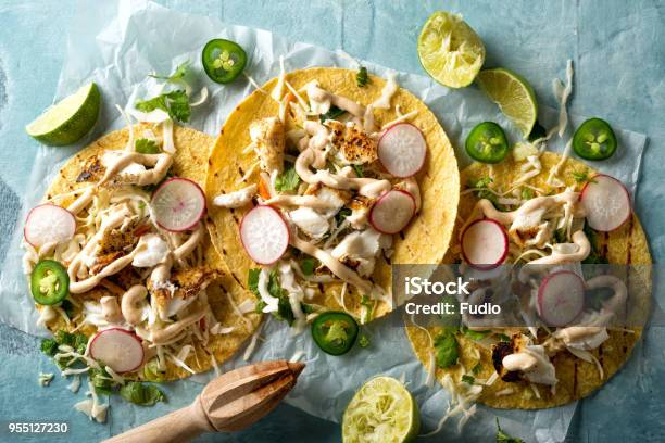 Grilled Fish Tacos Stock Photo - Download Image Now - Taco, Fish, Halibut