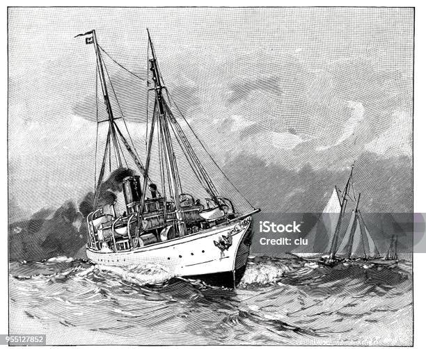 Ship Pilot Service Steamer Stock Illustration - Download Image Now - Black And White, Cartoon, Illustration