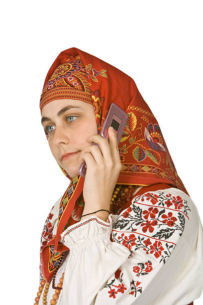 Russian girl on the phone stock photo