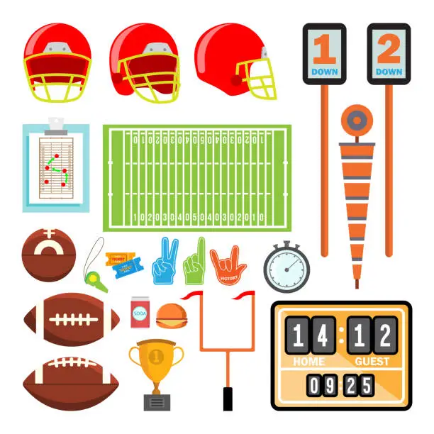 Vector illustration of American Football Icons Set Vector. American Football Accessories. Helmet, Ball, Cup, Field. Isolated Flat Cartoon Illustration