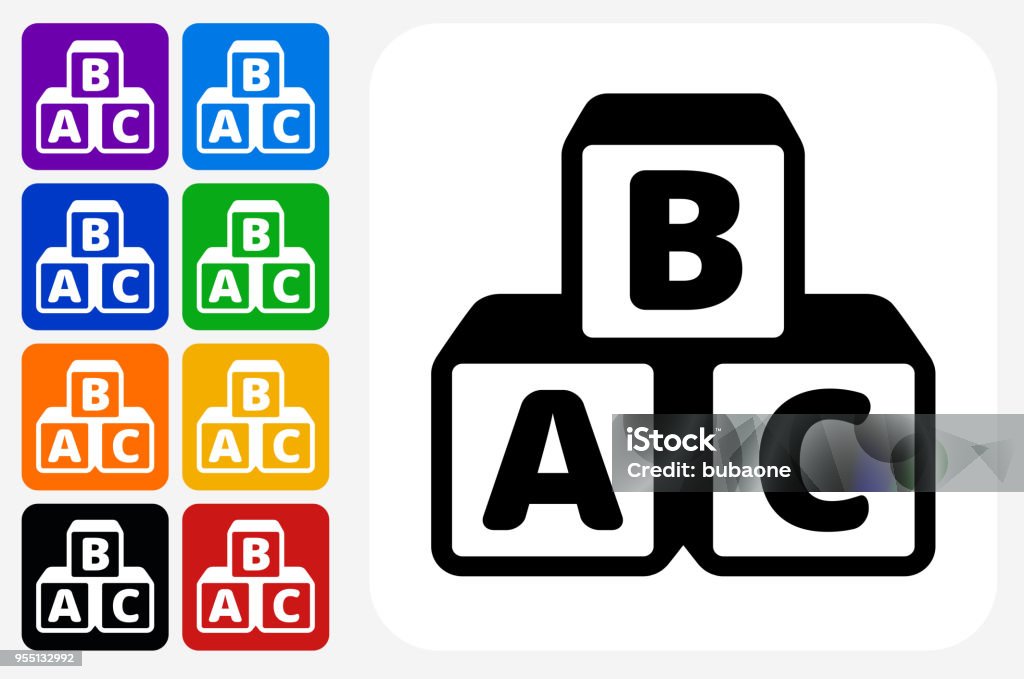 Alphabet Blocks Icon Square Button Set Alphabet Blocks Icon Square Button Set. The icon is in black on a white square with rounded corners. The are eight alternative button options on the left in purple, blue, navy, green, orange, yellow, black and red colors. The icon is in white against these vibrant backgrounds. The illustration is flat and will work well both online and in print. Alphabet stock vector
