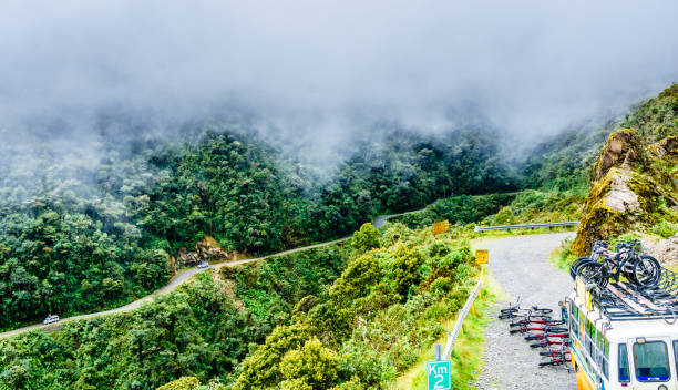 볼리비아의 yungas 산부인과에서 죽음의도 자전거 - steep road footpath moving down 뉴스 사진 이미지