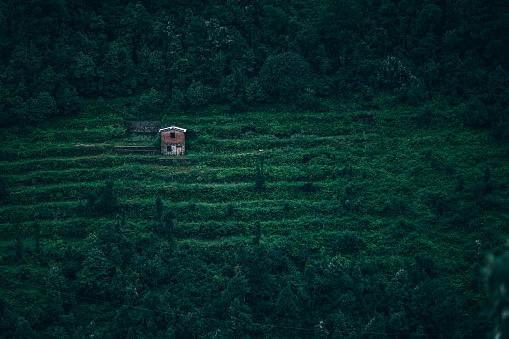 Small home isolated in the green valley in the middle of hills. Aerial view.