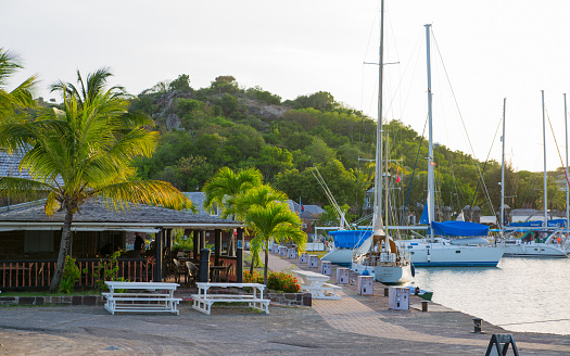 Antigua, Caribbean islands, English Harbour - May 19, 2017: Nelson's Dockyard is a cultural heritage site and marina. Admiral's Inn and storage houses 18th century