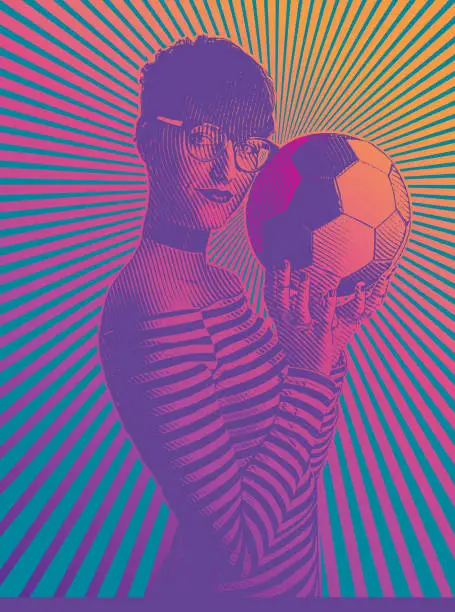 Vector illustration of Beautiful female soccer fan holding football with concentric half tone pattern