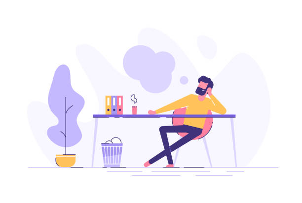 ilustrações de stock, clip art, desenhos animados e ícones de business man is relaxing and dreaming about something at his work place. modern office interior. business concept. vector illustration. - day dreaming illustrations