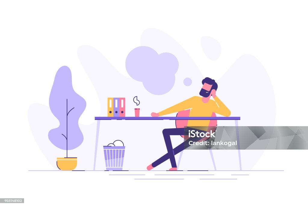 Business man is relaxing and dreaming about something at his work place. Modern office interior. Business concept. Vector illustration. Contemplation stock vector