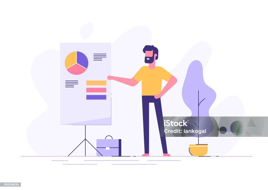 Confident young man standing near flip chart and pointing graph and diagram. Creative business concept. Office interior. Modern vector illustration. Flat design. Presentation - Speech stock vector