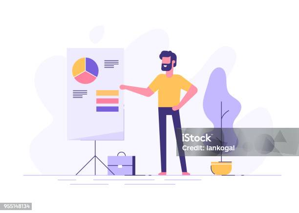 Confident Young Man Standing Near Flip Chart And Pointing Graph And Diagram Creative Business Concept Office Interior Modern Vector Illustration Flat Design Stock Illustration - Download Image Now