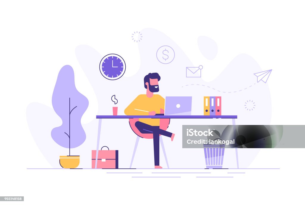 Handsome man is working at his laptop. Modern office interior with work process icons on the background. Vector illustration. Illustration stock vector