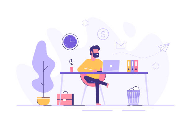 Handsome man is working at his laptop. Modern office interior with work process icons on the background. Vector illustration. Handsome man is working at his laptop. Modern office interior with work process icons on the background. Vector illustration. desk illustrations stock illustrations