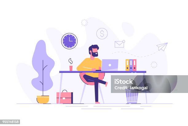 Handsome Man Is Working At His Laptop Modern Office Interior With Work Process Icons On The Background Vector Illustration Stock Illustration - Download Image Now