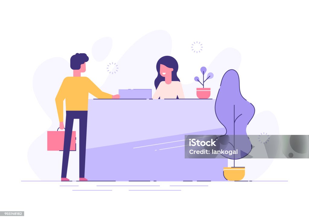Customer at reception. Young woman receptionist standing at reception desk. Modern vector illustration. Hotel Reception stock vector