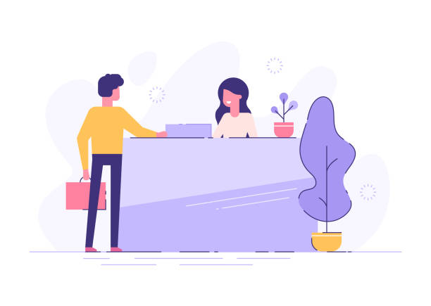 Customer at reception. Young woman receptionist standing at reception desk. Modern vector illustration. Customer at reception. Young woman receptionist standing at reception desk. Modern vector illustration. receptionist stock illustrations