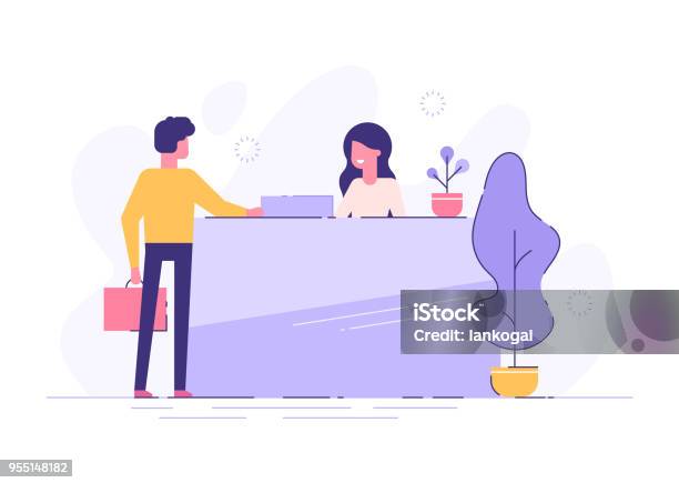 Customer At Reception Young Woman Receptionist Standing At Reception Desk Modern Vector Illustration Stock Illustration - Download Image Now
