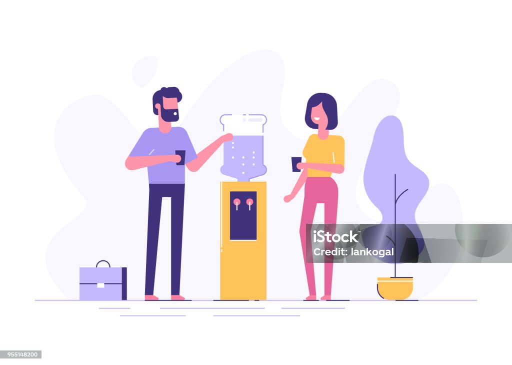 Office cooler chat. Vector flat character design on man and woman talking to each other near office water cooler. Working stock vector