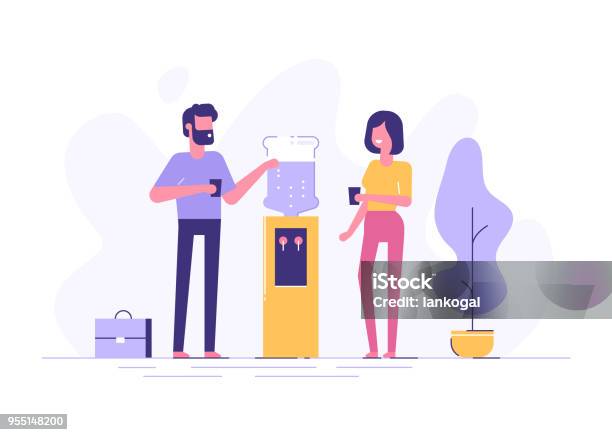 Office Cooler Chat Vector Flat Character Design On Man And Woman Talking To Each Other Near Office Water Cooler Stock Illustration - Download Image Now