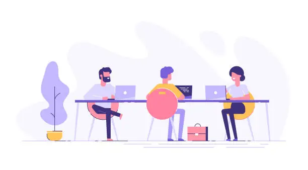 Vector illustration of Coworking space with creative people sitting at the table. Business team working together at the big desk using laptops. Flat design style vector illustration.
