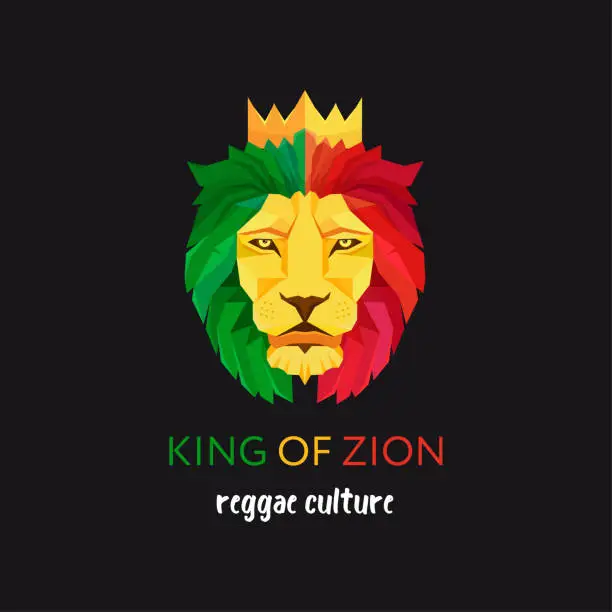 Vector illustration of Lion head with crown. King of Zion. Symbol of the Rastafarian subculture. Flag colors of Jamaica.