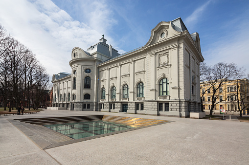 Riga, Latvia - April 3, 2016: The Latvian National Museum of Art is the richest collection of national art in Latvia. The museum is located in building in Riga, which is historically significant. The building at 1, Janis Rozentals sq. was designed by the German architect Wilhelm Neumann and built in 1905— it is one of the most impressive historical buildings on the boulevard and is situated next to the Academy of Art. It was the first building in the Baltics to be built for the purposes of a museum