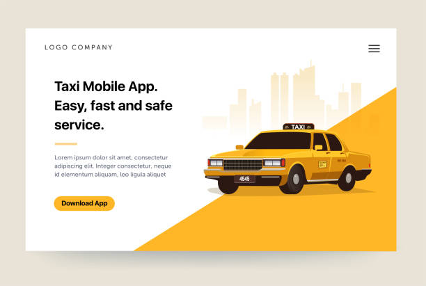 taksi hizmetleri mobil uygulaması web sitesi şablonu. retro sarı taksi illüstrasyon. giriş sayfası kavramı. ui tasarım mockup. - taksi stock illustrations