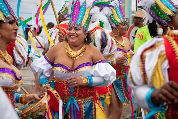 Carnival celebration event at Curacao, woman dancing at the parade stock photo