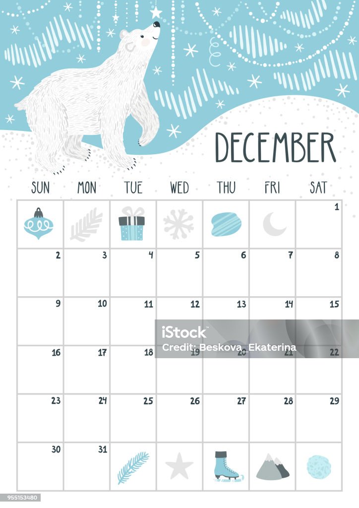 Calendario mensile vettoriale con simpatico orso polare. dicembre 2018. Progettazione della pianificazione. Pagina del calendario con carattere cartone animato sorridente. - arte vettoriale royalty-free di Calendario