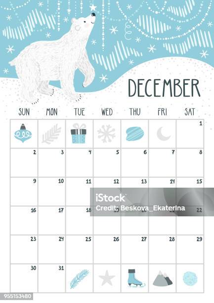 Calendario Mensile Vettoriale Con Simpatico Orso Polare Dicembre 2018 Progettazione Della Pianificazione Pagina Del Calendario Con Carattere Cartone Animato Sorridente - Immagini vettoriali stock e altre immagini di Calendario