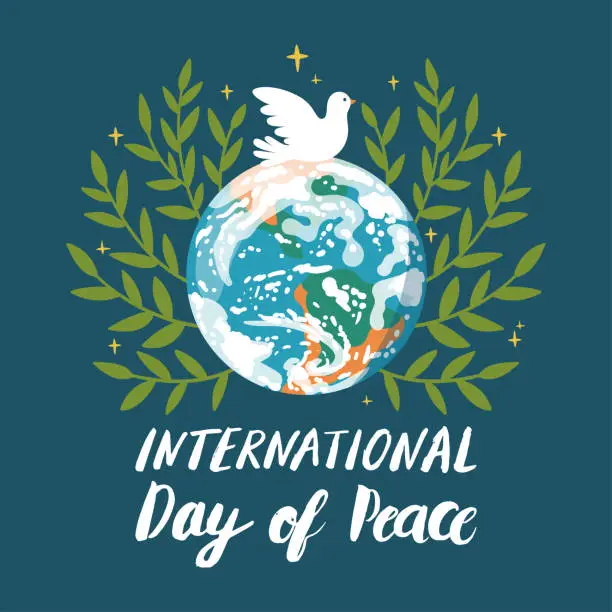 Vector illustration of Vector background for International Day of peace. Concept illustration with Earth planet, dove of peace and hand written text.