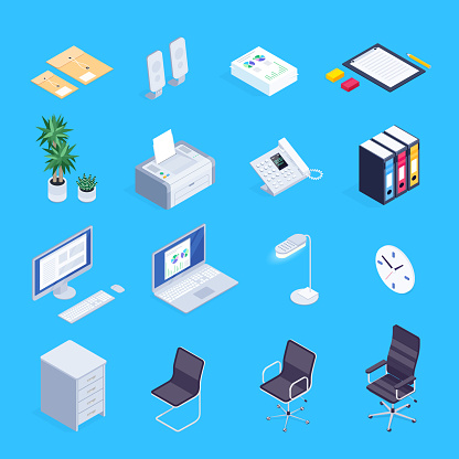 Set of isometric icons of office equipment. Computer, application form, landline telephone, folders for papers, office chairs. 3d office supplies isolated on a blue background. Vector illustration.
