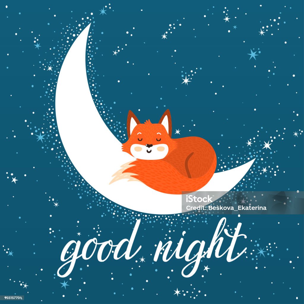 Vector Night Card With Cute Fox And Hand Written Phrase Good Night ...
