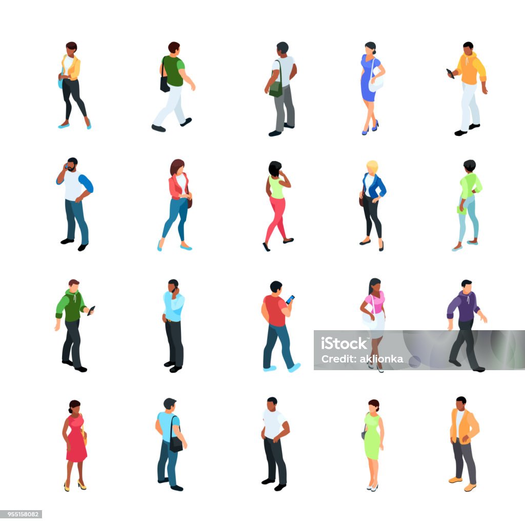 Set of isometric people with different skin color. Set of isometric people with different skin color isolated on white background. 3d men and women view front and back. Modern young people. Vector illustration. Isometric Projection stock vector