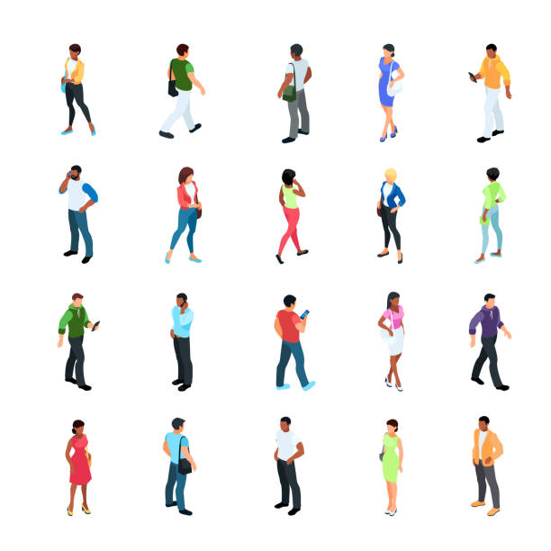 Set of isometric people with different skin color. Set of isometric people with different skin color isolated on white background. 3d men and women view front and back. Modern young people. Vector illustration. cartoon man standing stock illustrations
