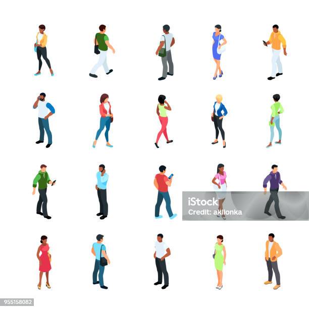 Set Of Isometric People With Different Skin Color Stock Illustration - Download Image Now - Isometric Projection, People, Walking