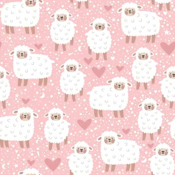 Vector illustration of Vector seamless pattern with cute sheep, heart, star and dots. Pink childish repeated texture with smiling cartoon characters.