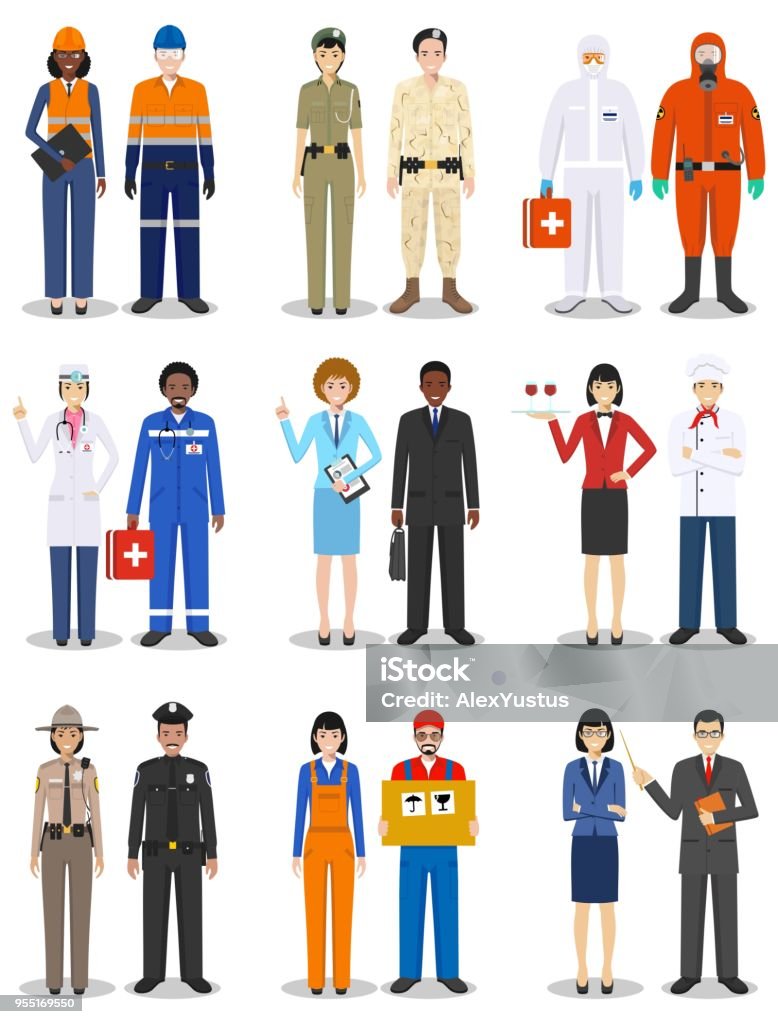 People occupation characters set in flat style isolated on white background. Different men and women professions characters standing together. Templates for infographic, sites, banners, social networks. Vector illustration. People occupation characters set in flat style isolated on white background. Flat vector icons on white background. Templates for infographic, sites, banners, social networks. Vector illustration. Doctor stock vector