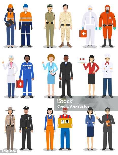 People Occupation Characters Set In Flat Style Isolated On White Background Different Men And Women Professions Characters Standing Together Templates For Infographic Sites Banners Social Networks Vector Illustration Stock Illustration - Download Image Now