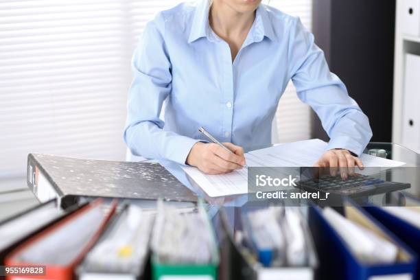 Female Bookkeeper Or Financial Inspector Making Report Calculating Or Checking Balance Internal Revenue Service Checking Financial Document Audit Concept In Busines Stock Photo - Download Image Now